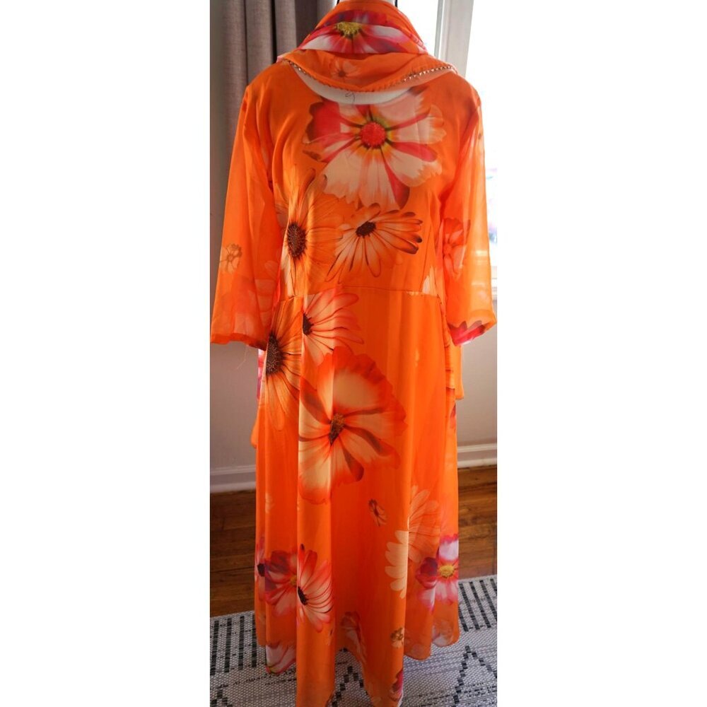 Indian Orange Chiffon Dress w/ Dupatta NWOT - Picture 1 of 10